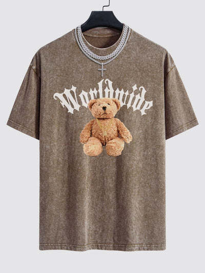 Bear Print Washed Drop Shoulder Oversize T-Shirt