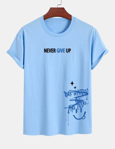 Regular Fit Never Give Up Smiley Face Print Cotton T-Shirt