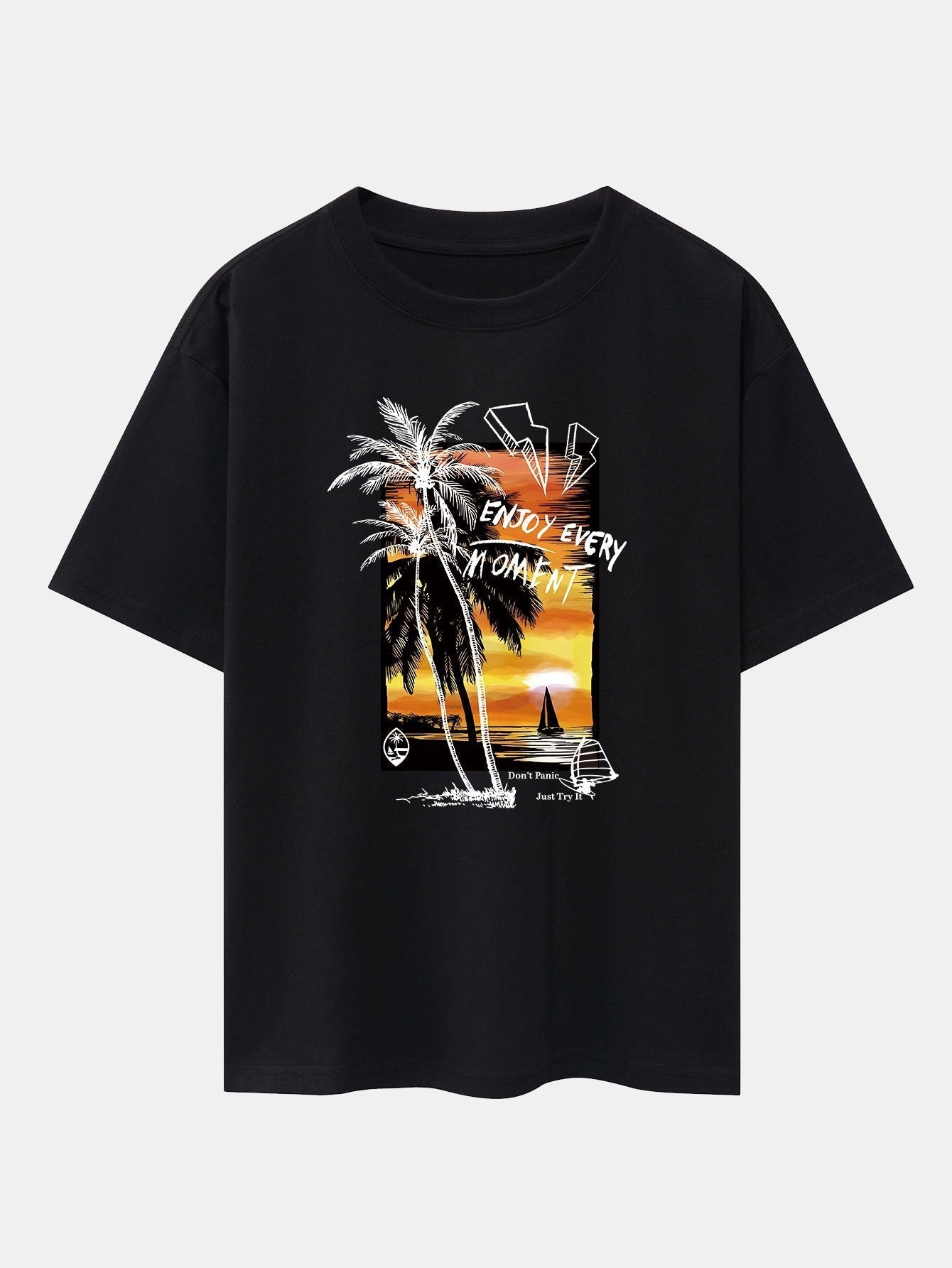 Vacation Sunset Palm Trees Print Drop Shoulder Oversize T-Shirt