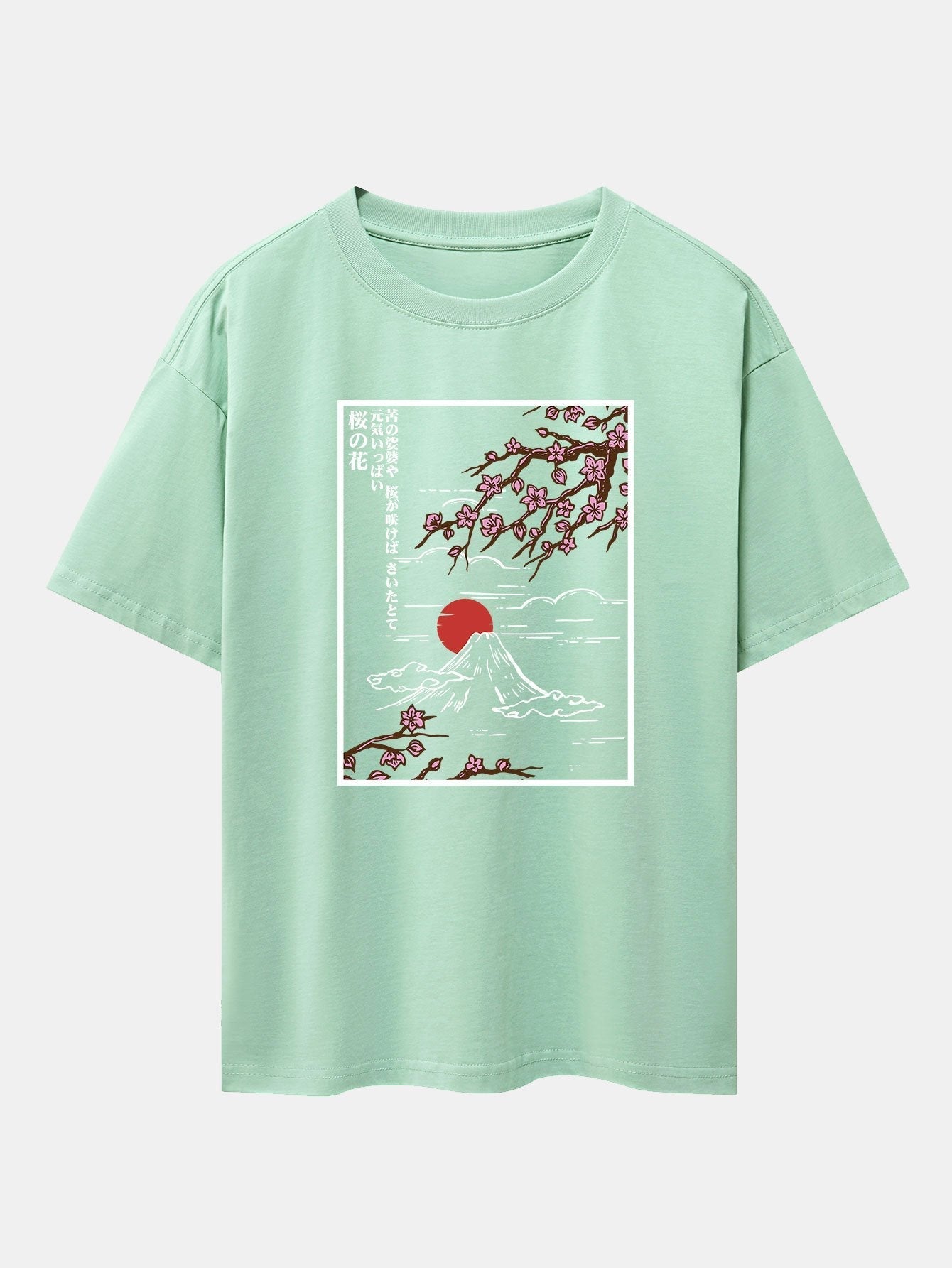 Cherry Blossoms Mountain Print Drop Shoulder Oversize T-Shirt