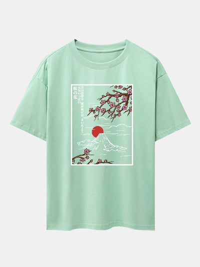 Cherry Blossoms Mountain Print Drop Shoulder Oversize T-Shirt