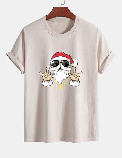 Regular Fit Hip Hop Santa Print Cotton T-Shirt