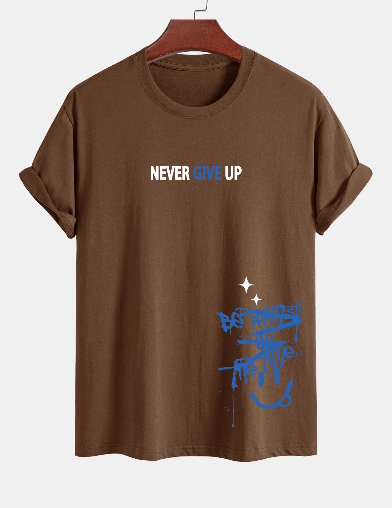 Regular Fit Never Give Up Smiley Face Print Cotton T-Shirt