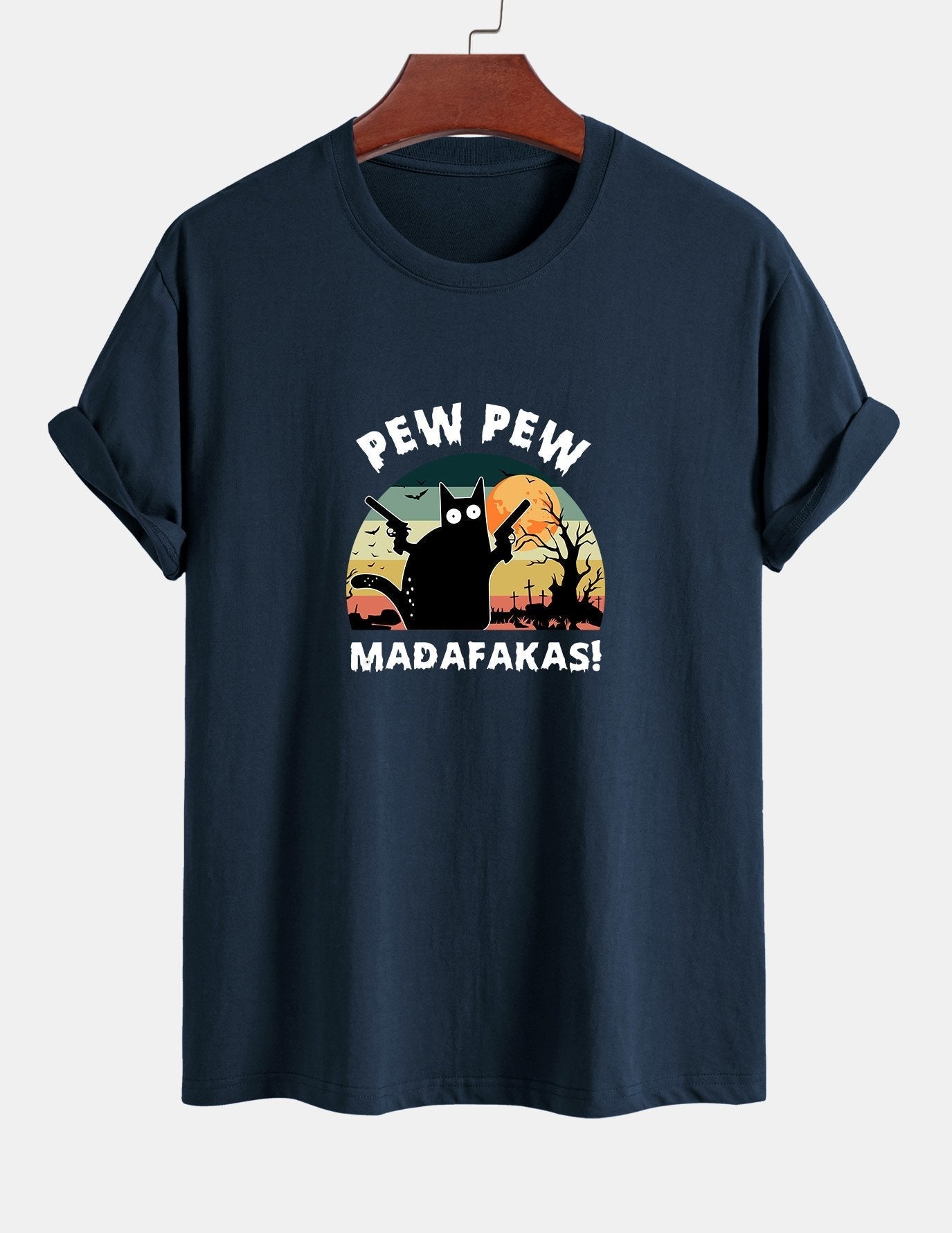 Regular Fit PEW PEW MADAFAKAS Black Cat Print Cotton T-Shirt