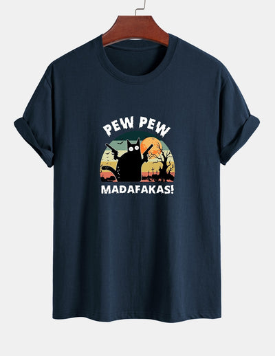 Regular Fit PEW PEW MADAFAKAS Black Cat Print Cotton T-Shirt