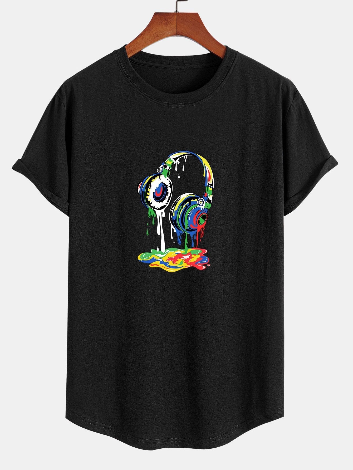 Headphones Graffiti Print Cotton Arc Hem T-Shirt