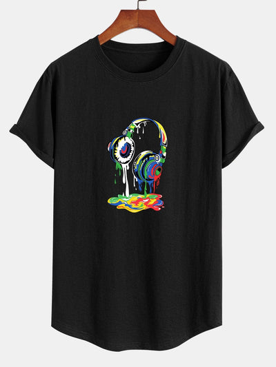 Headphones Graffiti Print Cotton Arc Hem T-Shirt