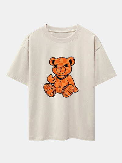 Orange Stitching Bear Print Drop Shoulder Oversize T-Shirt