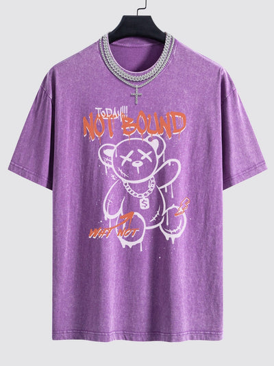 Slogan Graffiti Bear Print Washed Drop Shoulder Oversize T-Shirt