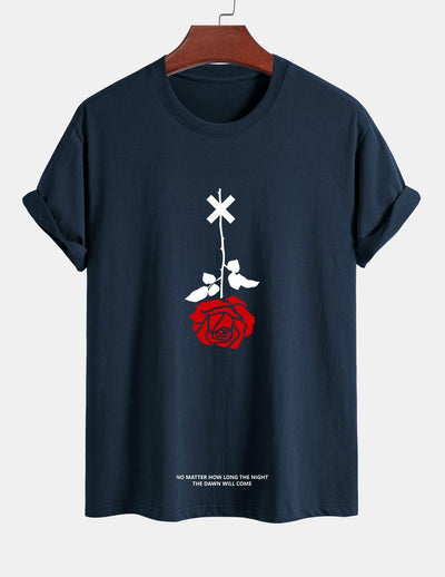 Regular Fit Inverted Rose Slogan Print Cotton T-Shirt