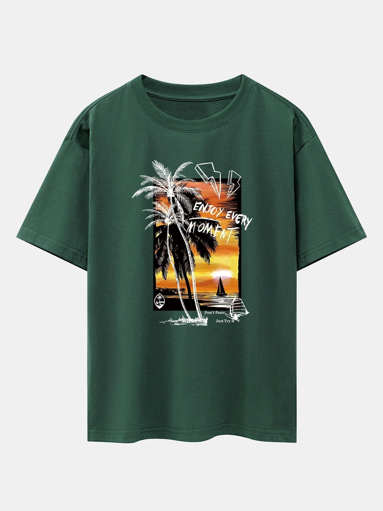 Vacation Sunset Palm Trees Print Drop Shoulder Oversize T-Shirt