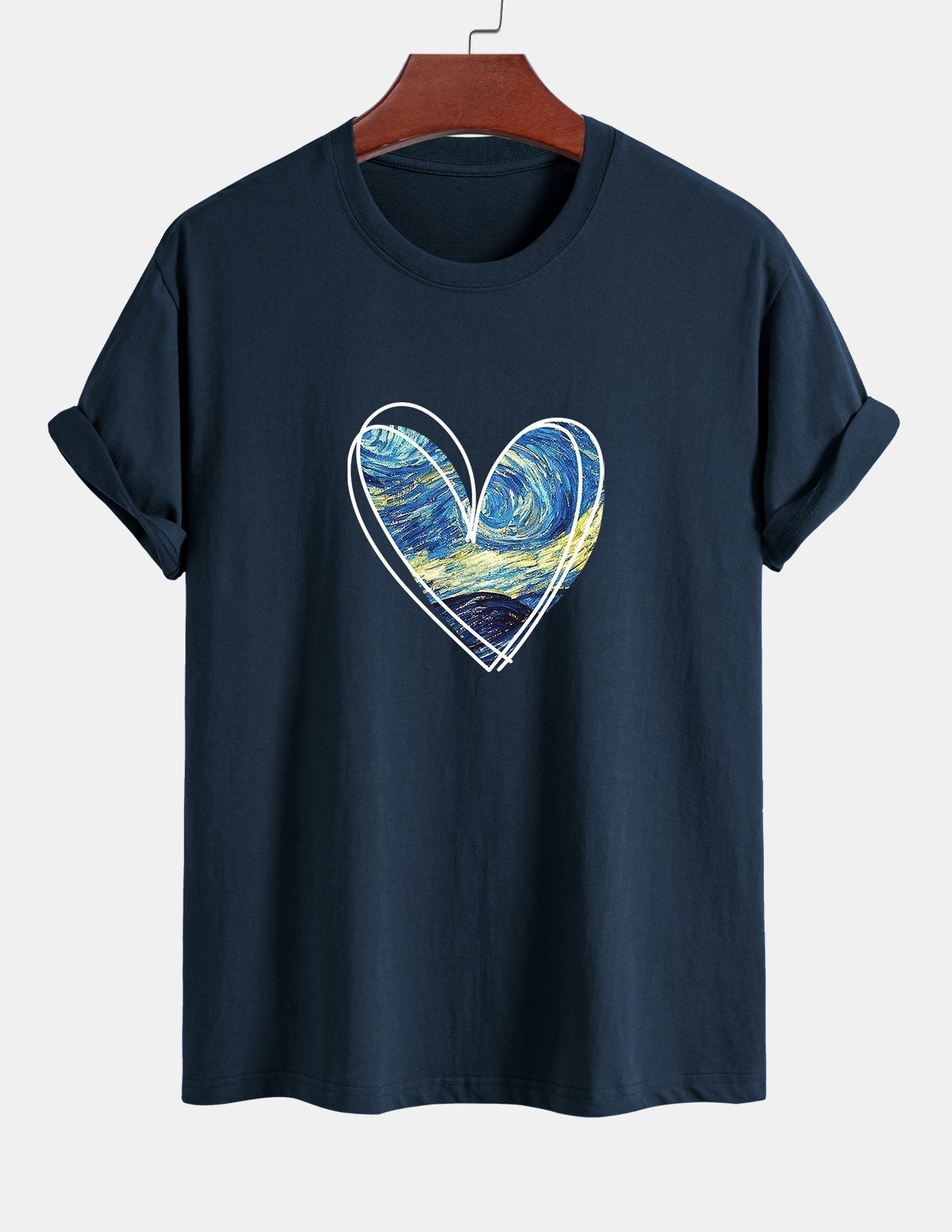 Regular Fit Starry Sky Heart Print Cotton T-Shirt