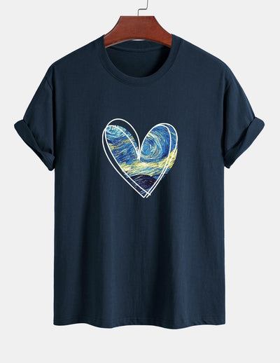 Regular Fit Starry Sky Heart Print Cotton T-Shirt