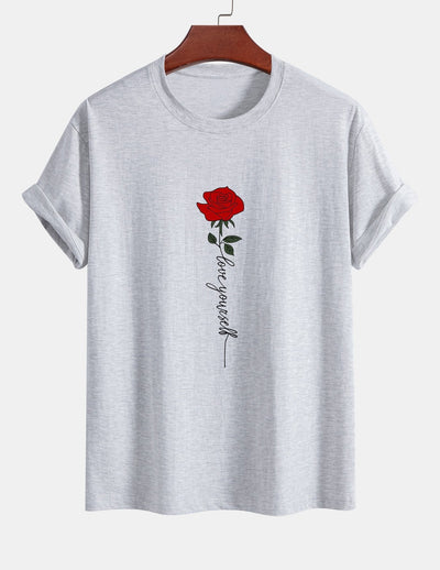 Regular Fit Rose Slogan Print Cotton T-Shirt
