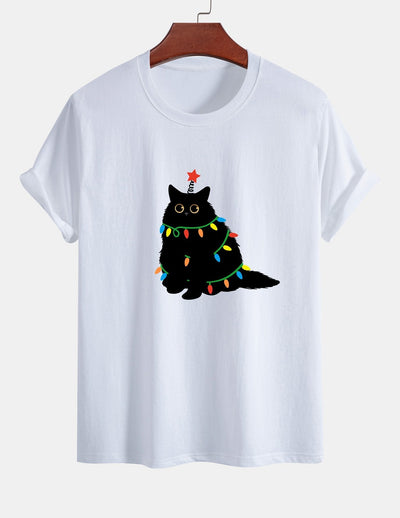 Regular Fit Colorful Light Black Cat Print Cotton T-Shirt