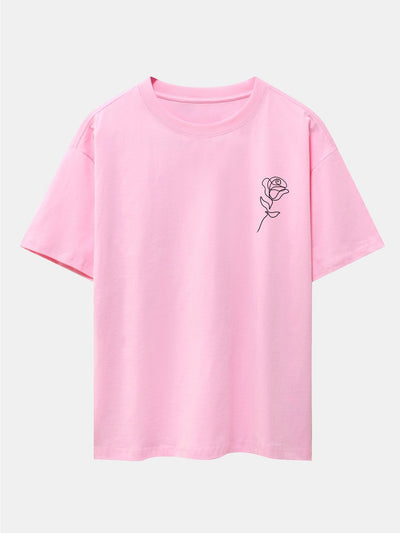 Simple Rose Print Drop Shoulder Oversize T-Shirt