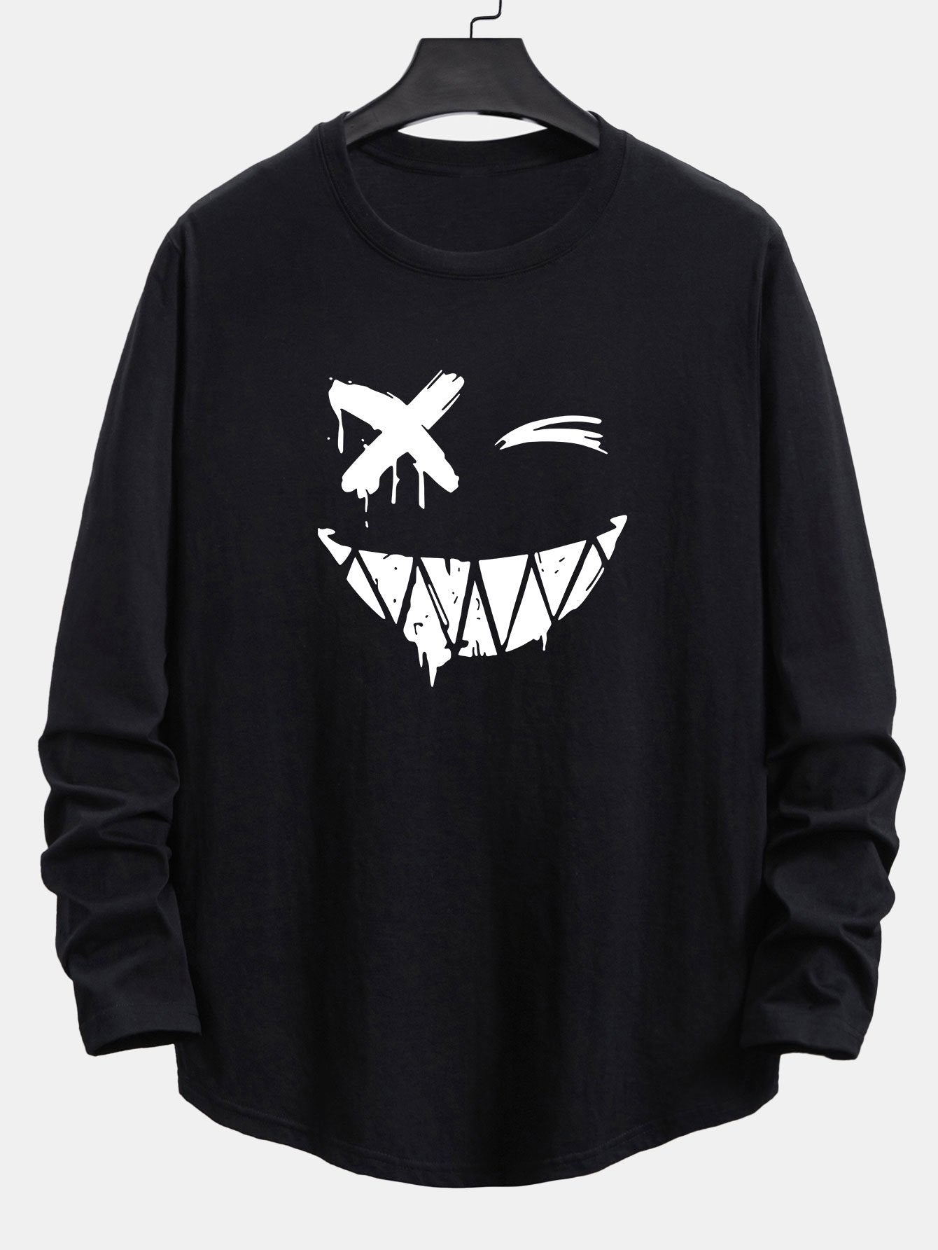 Long Sleeve Graffiti Smiley Face Print Cotton Arc Hem T-Shirt