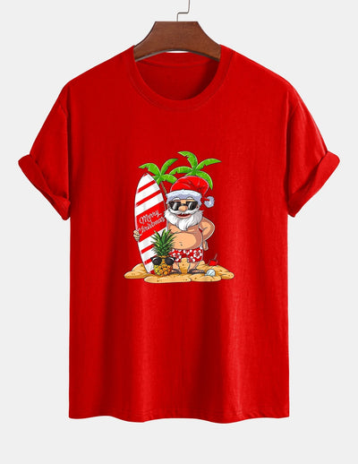 Regular Fit Summer Beach Santa Print Cotton T-Shirt